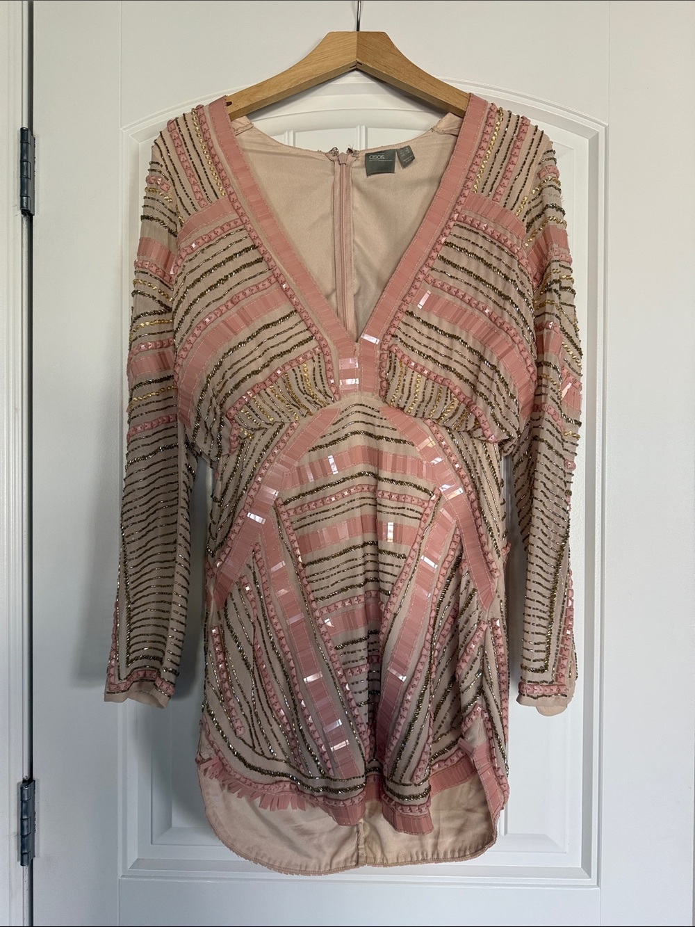 ASOS Pink Beaded V-Neck Mini Dress